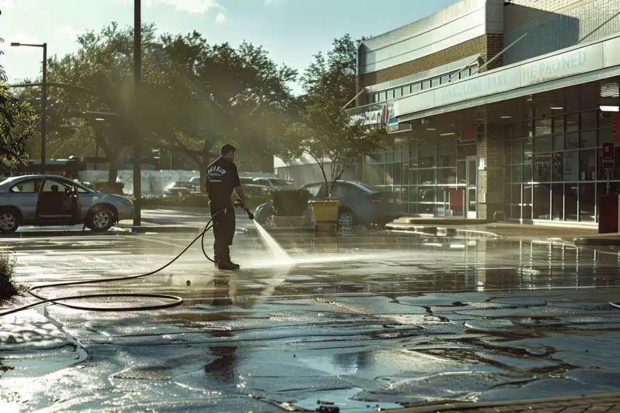 man power washing parking lot
