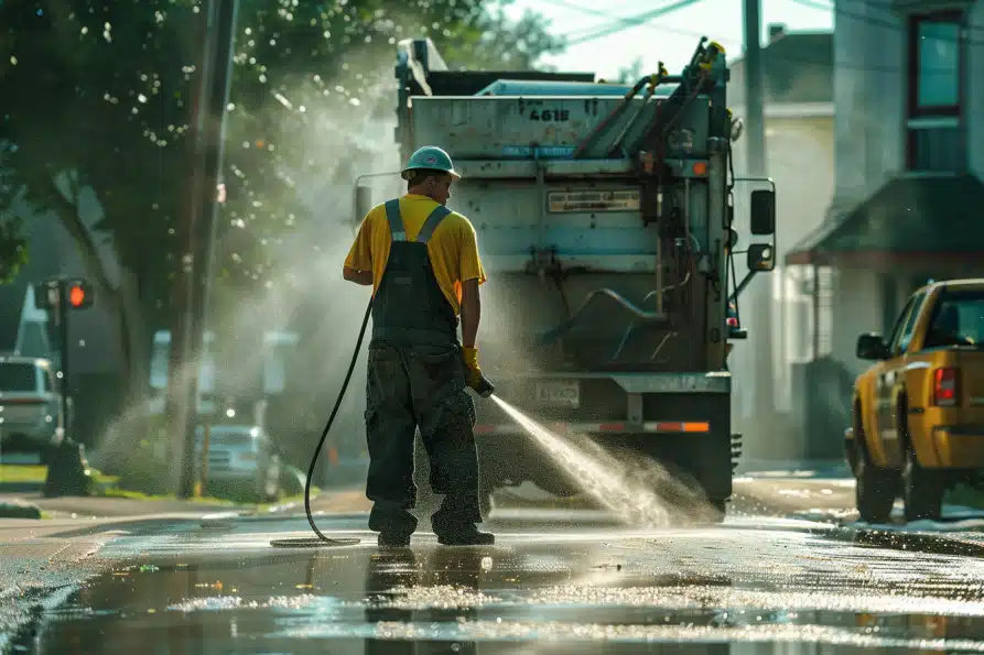 man power washing trash truck