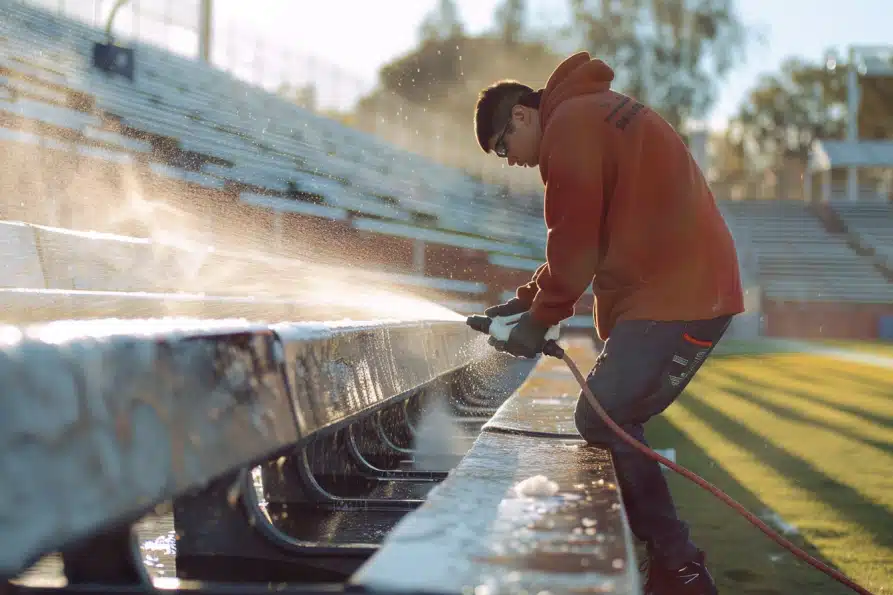 man power washing seats bleachers at stadium