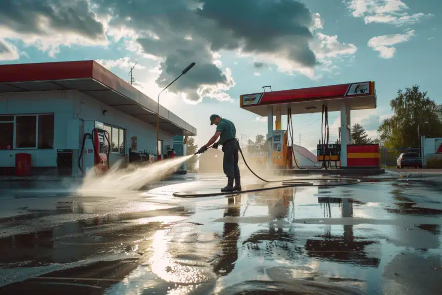 power washing gas station gas pad